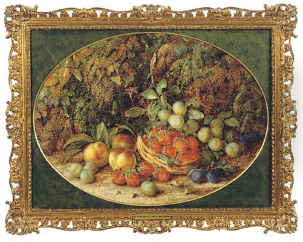 Plums, Peaches And Strawberries In A Basket Surrounded By Ivy And Ferns by Vincent Clare