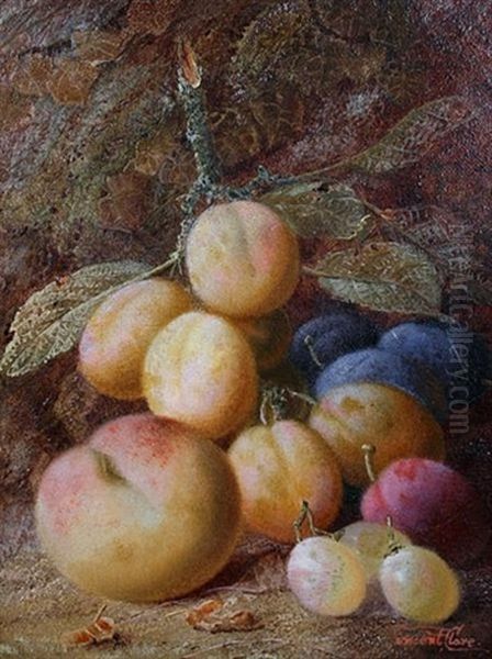 Still Life Of Plums, Grapes And A Peach On A Mossy Bank by Vincent Clare