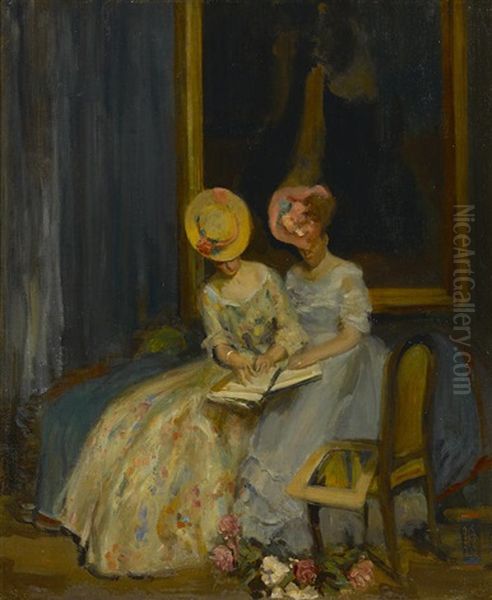 Two Women Admiring A Portfolio by Alson Skinner Clark