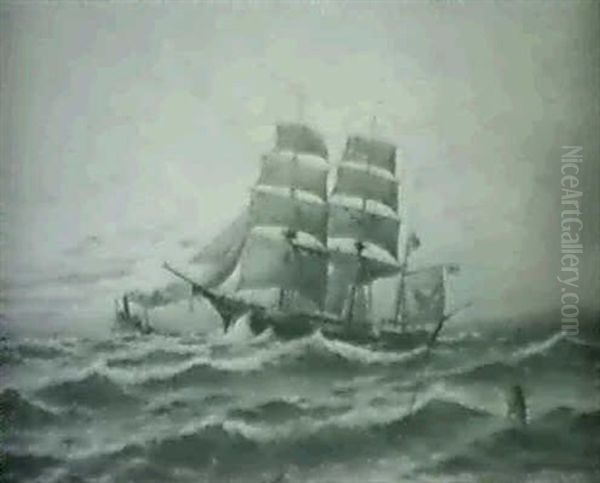 Sailing Ship And Tug At Dawn by C. Myron Clark