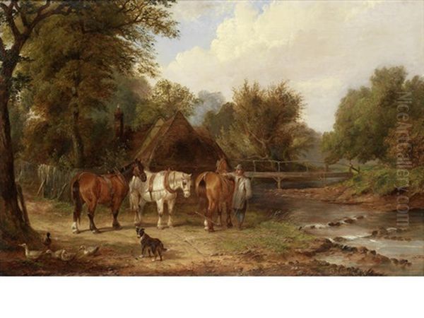 Plough Team Beside A Ford by Samuel Joseph Clark