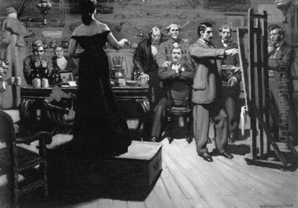 Gentlemen Watching Artist Painting Woman's Portrait by Walter Appleton Clark