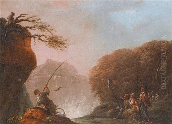 Paysage De Cascade Avec Villageois Pechant A La Ligne by Jean Baptiste Charles Claudot