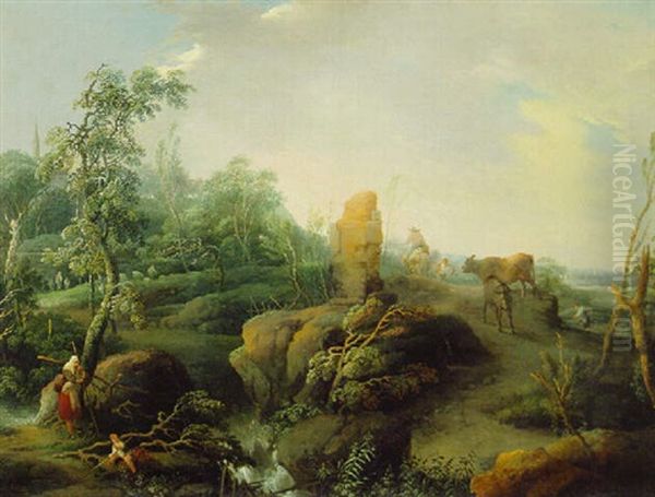 An Extensive Landscape With Travellers On A Hillock Near A Ruin by Jean Baptiste Charles Claudot