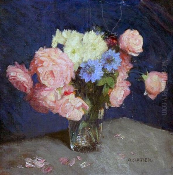 Roses And Cornflowers In A Glass Vase by Sir George Clausen