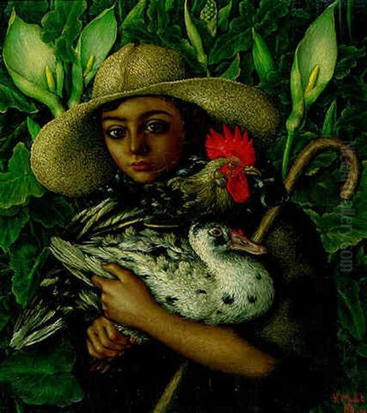 Retrato De Nino Con Aves by Vincente Mulet Claver