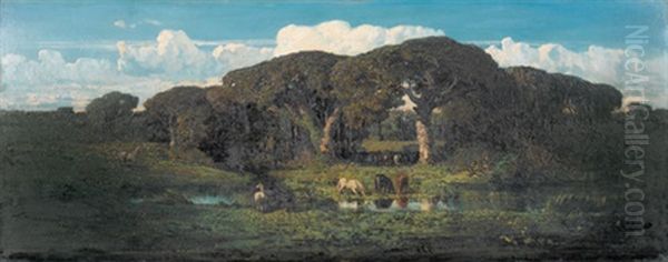 Idyllische Landschaft Am Weiher Mit Pferden by Jean-Baptiste Clesinger