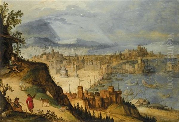 A Panoramic View Of An Imaginary City, With Travellers Resting In The Foreground by Hendrick van Cleve III