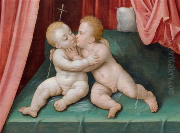 Christ And John As Children, Embracing One Another by Joos Van Cleve