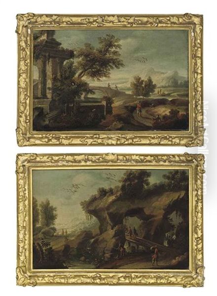 A Wooded River Landscape With Travellers Beside Classical Ruins( +a Wooded River Landscape With Travellers Crossing A Bridge And An Angler On A Bank; Pair) by Leonardo Coccorante