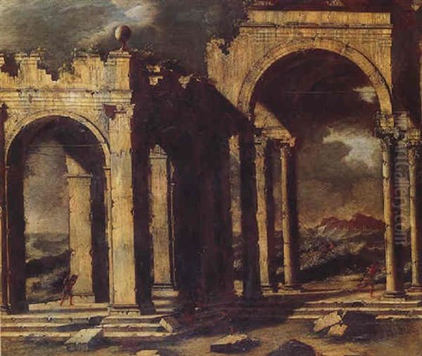 Classical Ruins With A Stormy Sea Beyond by Leonardo Coccorante