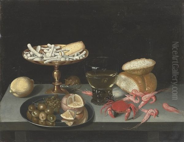 Figs, Olives, And A Quartered Orange On A Silver Platter, Sweetmeats On A Gold Tazza, With A Roemer, A Crab, Shrimp, A Mouse And A Lemon On A Table by Francesco Codino