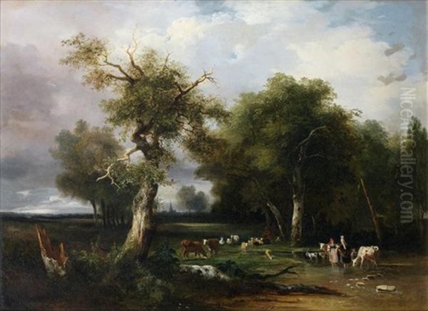 La Halte Au Bord De La Riviere by Jules Coignet