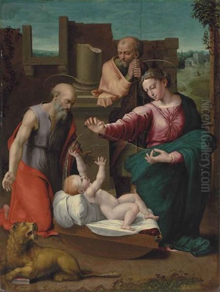 The Holy Family With Saint Jerome by Raffaelo Colle