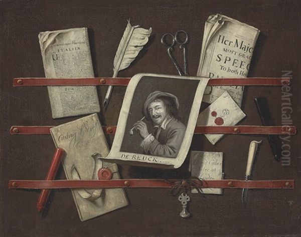 A Trompe L'oeil Still Life Of A Letter Rack, An Engraving, A Dutch And An English Newspaper,a Feather Quill, A Silver Seal, Scissors And A Pen Knife by Edward Collier