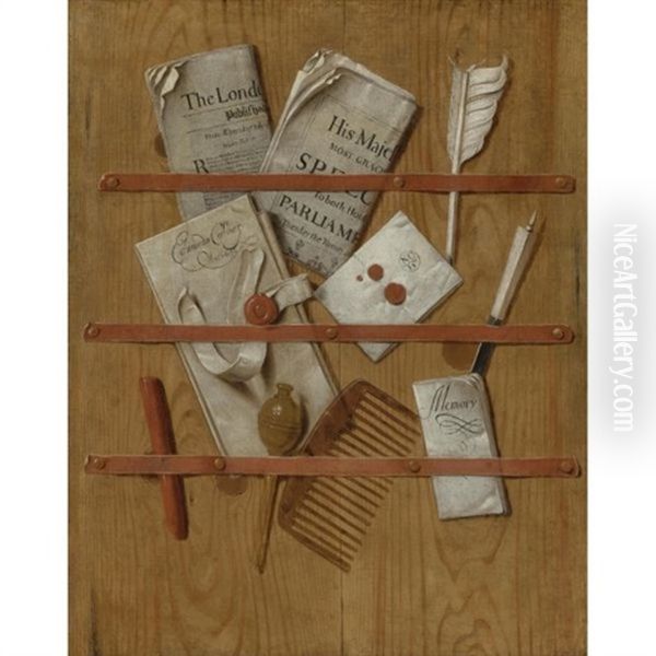 Trompe L'oeil Still Life Of A Letter Rack Holding Newspapers, Letters, A Comb, A Knife, A Quill, Wax And A Seal by Edward Collier