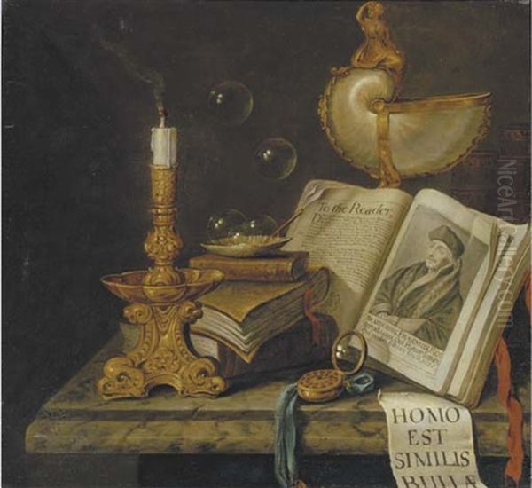 A Vanitas Still Life: A Gilt Candlestick, Books, Soap Bubbles, A Pocket Watch And A Nautilus Cup On A Marble Ledge by Edward Collier