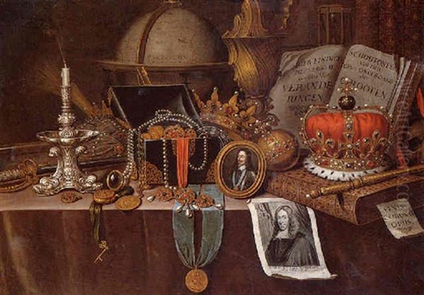 A Vanitas Still Life Of A Casket Of Jewels, A Silver Candlestick, A Watch And A Crown, With Miniatures Of Charles I And Henri Iv by Edward Collier