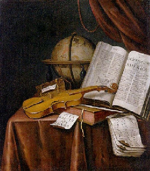 A Vanitas Still Life With A Globe, A Violin, Books And A Music Score On A Draped Table by Edward Collier