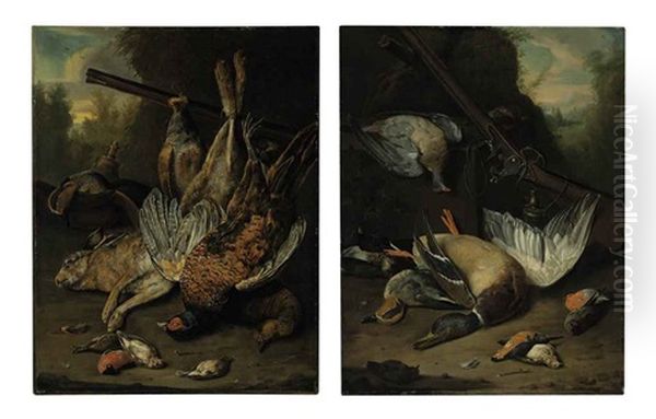 Still Life With A Hare, Mallard, Pheasant, Grouse, Wood Pigeon, Kingfisher And A Hunting Rifle In A Landscape (+ Still Life With A Mallard, Duck...; Pair) by Charles Collins