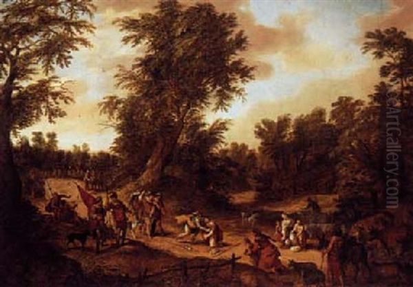 A Wooded Landscape With The Reconciliation Of Jacob And Esau by David Colyns