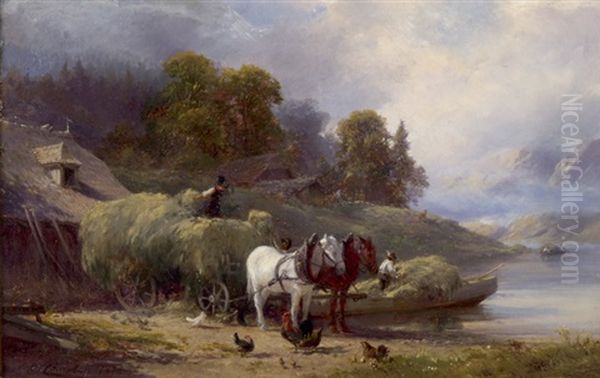 Bauern Beim Verladen Von Heu (+ Bauer Mit Pferden Vor Seeufer; Pair) by Edward Theodore Compton