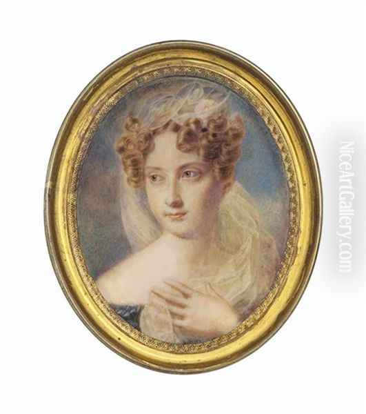 A Young Lady, In Off-the-shoulders Blue Dress, White Gauze Veil Trailing From Her Upswept Fair Hair Dressed In Ringlets Over Her Left Shoulder by Jacques Louis Comte