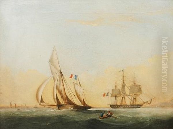 A French Lugger Bearing Away From A French Frigate Hove-to In A Bay by Nicholas Matthew Condy