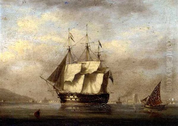 A British Two-decker Arriving At Lisbon And Preparing To Anchor With The Belem Tower Off Her Stern by Nicholas Matthew Condy