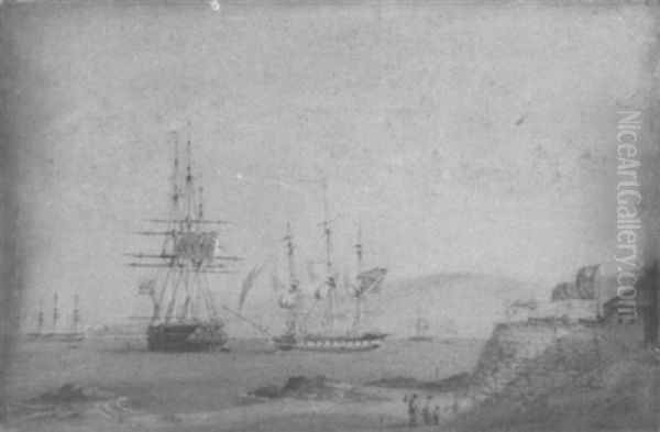 A British Frigate Getting Under Way Off A Chilean Fortress, A British Two-decker And A French Frigate Anchored Nearby by Nicholas Matthew Condy