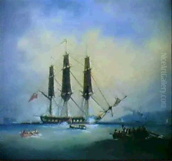 A Royal Barge Pulling Away From A Saluting Frigate Off      Plymouth by Nicholas Matthew Condy