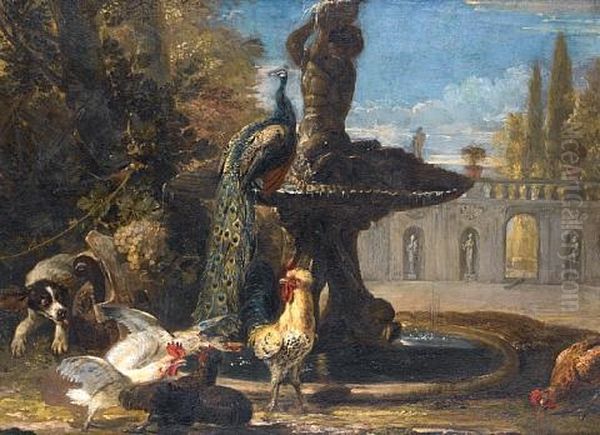 Rabbits With Cockerels And A Parrot In A Park Landscape (+ A Dog Startling Cockerels Before A Fountain With A Peacock; Pair) by David de Coninck