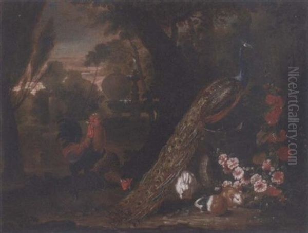 A Peacock And Cockerels, With Guinea Pigs And A Rabbit In An Italianate Garden With A Fountrain by David de Coninck