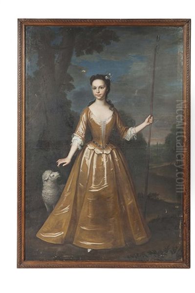 Full Length Portrait Of Elisabeth King, Aged 13, In A Gold Colored Dress, Holding A Crook Beside A Sheep by Daniel de Coning