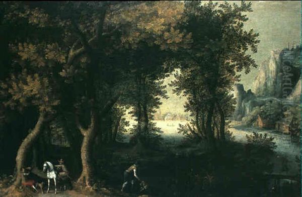 Extensive River Landscape With Hunters And A Village In The Distance by Gillis Van Coninxloo III