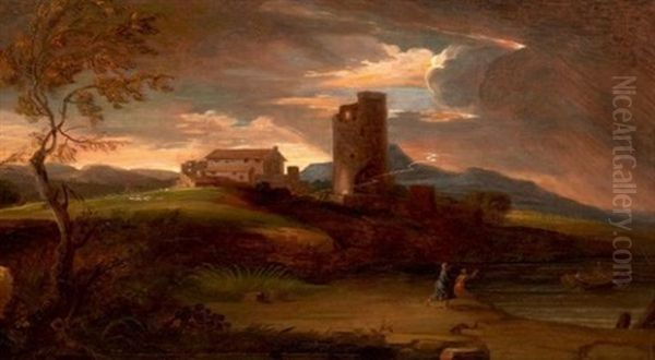 L'arrivee De L'orage Au - Dessus D'un Chateau Au Crepuscule by Jean-Antoine Constantin d'Aix