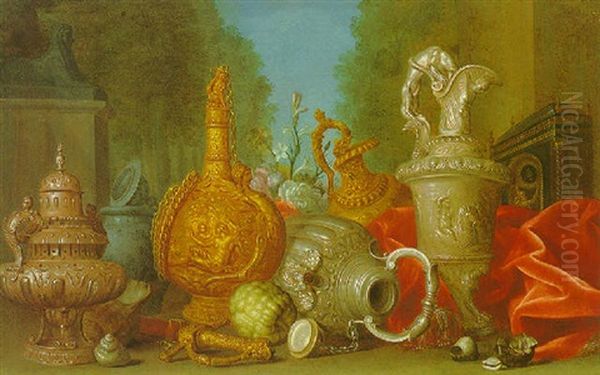 A Still Life Of Orfevreries: A Gilt Metal Incense Burner, Various Vessels And Shells, With A Landscape Beyond by Meiffren Conte