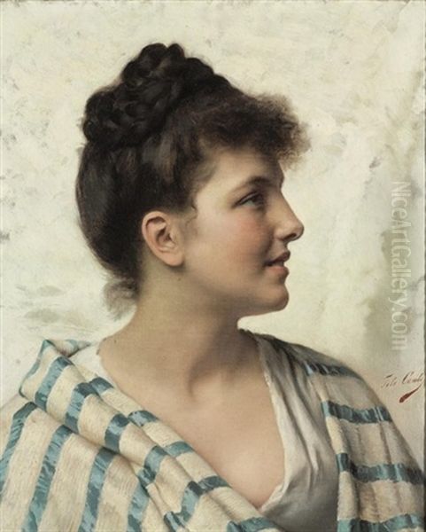 A Young Lady In A Blue And White Shawl by Tito Conti