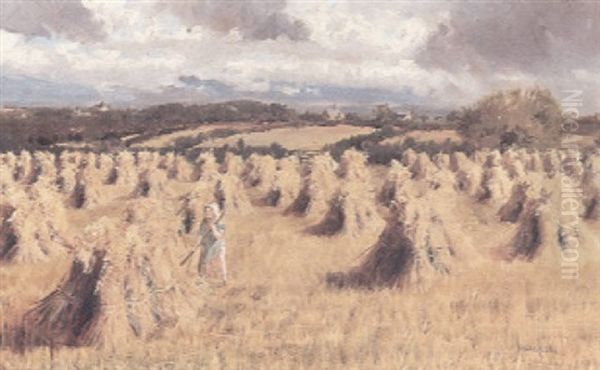 A Cheshire Corn Field With A Figure Amongst The Stacks by Isaac Cooke