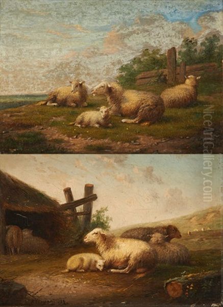 Moutons Sur Fond De Paysage (2 Works) by Auguste Coomans