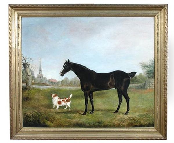 A Dark Bay Hunter And A King Charles Spaniel Before Acle Church, Norfolk by Edwin Cooper