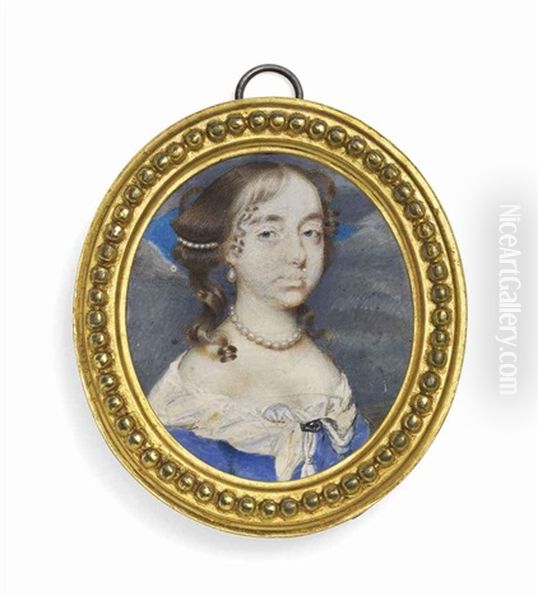 Mrs Bevet, In Blue And White Decollete Dress With Pearl Necklace, Drop Earrings And Hair Ornament by Samuel Cooper