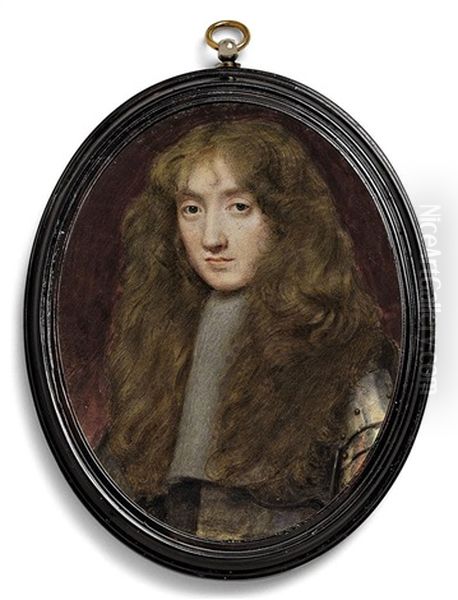 A Young Gentleman, In Gilt-studded Armour, Falling Lace Lawn Collar, Long Curling Fair Hair; Red-brown Background by Samuel Cooper