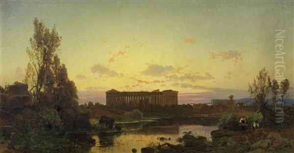 Greek Temple Of Paestum Near Salerno by Hermann David Salomon Corrodi