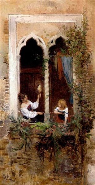 Im Blumengeschmuckten Fenster Eines Venezianischen Hauses Zwei Madchen Im Gesprach Miteinander by Hermann David Salomon Corrodi