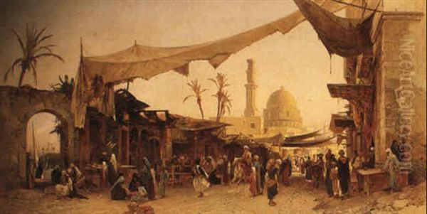 An Arab Market Scene With A Mosque Behind by Hermann David Salomon Corrodi