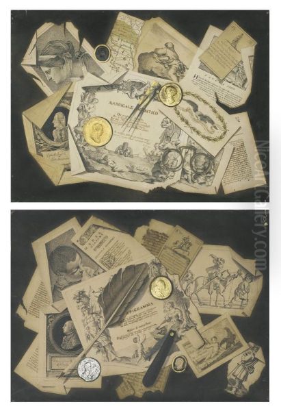 A Trompe-l'oeil Of Literary Extracts, Maps, Engravings, Medallionsand A Compass by Pasquale Angiolini