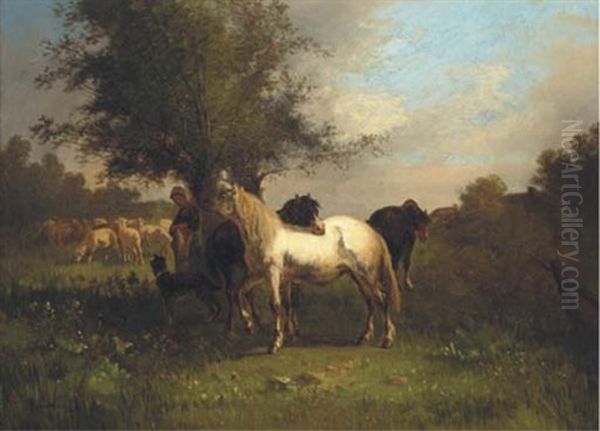 A Farm Girl With Horses And Sheep In A Field by Antonio Cortes Cordero