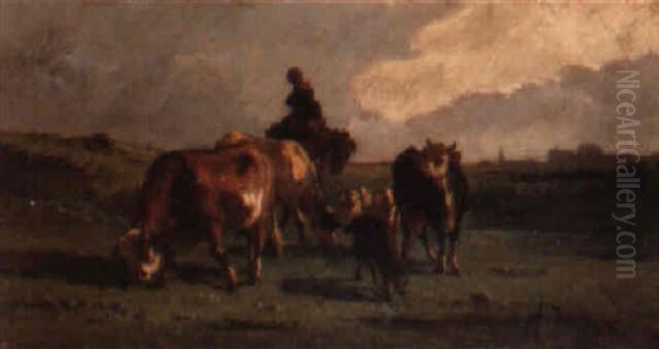 A Drover With Cattle And Sheep In A Landscape by Antonio Cortes Cordero