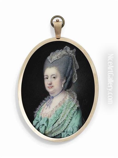 A Lady, Possibly Caroline-mathilde (1751-1775), Queen Of Denmark, In Lace-bordered Bright Green Dress With Bows At Sleeves And Corsage, Thin Purple Ribbon Tied Around Her Neck, Drop-pearl Earrings by Samuel Cotes